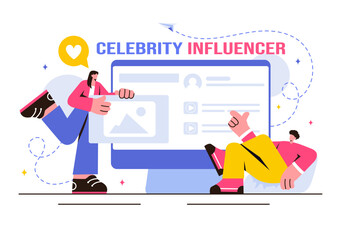 Vector Illustration of Celebrity Influencers Posting on the Internet for Advertising, Marketing, Daily Life, or Endorsements in a Flat Cartoon Style