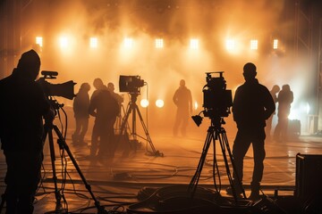 Cinematic Film Crew Working on Stage with Cameras and Lights in a Foggy Light, Silhouetted Figures and Dramatic Lighting Captured in High-Resolution