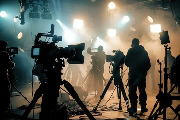 Cinematic Film Crew Working on Stage with Cameras and Lights in a Foggy Light, Silhouetted Figures and Dramatic Lighting Captured in High-Resolution