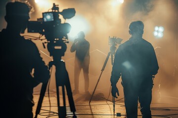 Cinematic Film Crew Working on Stage with Cameras and Lights in a Foggy Light, Silhouetted Figures and Dramatic Lighting Captured in High-Resolution