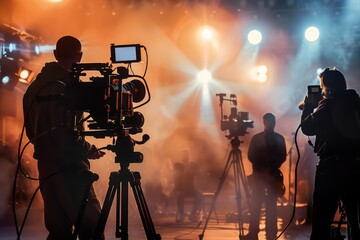 Cinematic Film Crew Working on Stage with Cameras and Lights in a Foggy Light, Silhouetted Figures and Dramatic Lighting Captured in High-Resolution