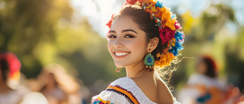 beautiful happy mexican woman outdoors, dancing mexican culture songs
