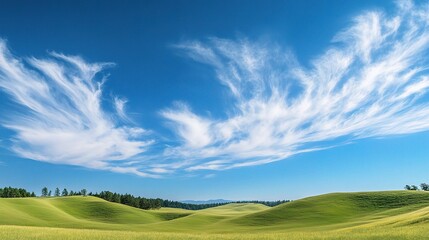 Fototapeta premium Serene Landscape with Feathery Clouds: A picturesque view of rolling green hills and a vibrant blue sky adorned with delicate, feathery clouds