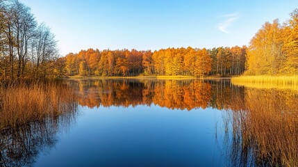 Obraz premium Autumn's Mirrored Embrace: Serene lake reflecting vibrant fall foliage under a tranquil blue sky. 