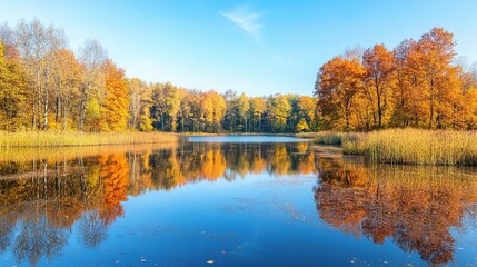 Obraz premium Autumn's Golden Embrace: Serene lake mirrors vibrant foliage in a breathtaking display of nature's artistry. 