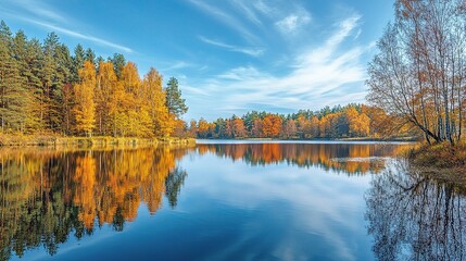 Fototapeta premium Golden Serenity: Autumn Reflections on a Tranquil Lake