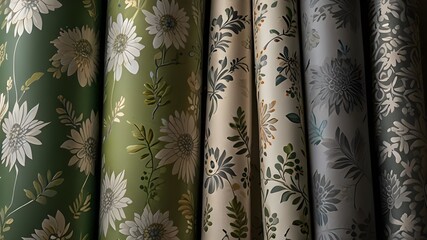 Rolled up rolls of vinyl wallpaper. Different textures and colors, as background. Green, beige, gray wallpaper with floral pattern for the wall. Decorative materials for renovation of room Generative 