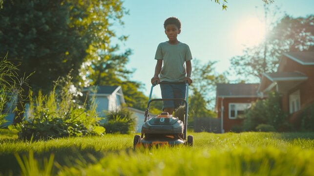 African American boy mowing the lawn in a suburban neighborhood on a sunny day