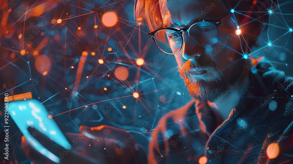 Poster magnificent man using mobile global network connection on social media virtual screen digital