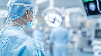 A focused surgeon in scrubs observes a modern surgical environment, highlighting medical professionalism and advanced healthcare. Healthcare AI concept.