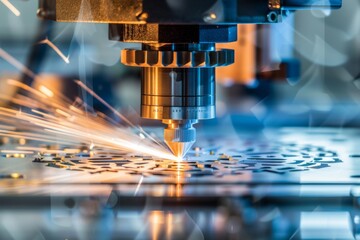 Laser CNC machine with focused light beam on metal lens tip, reflecting on a stainless steel table in a modern factory workshop. High-resolution with sharp focus and blue spark reflections.