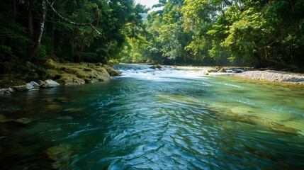 Obraz premium Pristine river with gentle rapids flowing through lush tropical jungle, peaceful nature scene in Jamaica