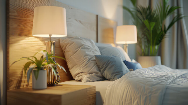 Bedroom interior, nightstand with lamp and home plant near bed