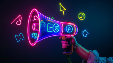 Vibrant neon megaphone with various marketing buzzwords, social media Concept Marketing Trends