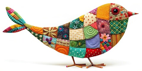 Obraz premium Colorful bird made of different patterned patchwork pieces, patchwork, bird, colorful, vibrant, fabric, sewing, design