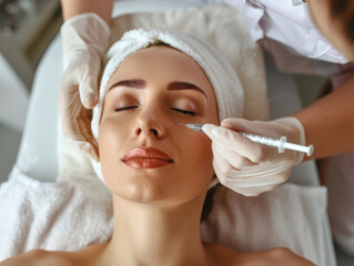 Young woman receives botox injection for facelifting. Aesthetic medicine