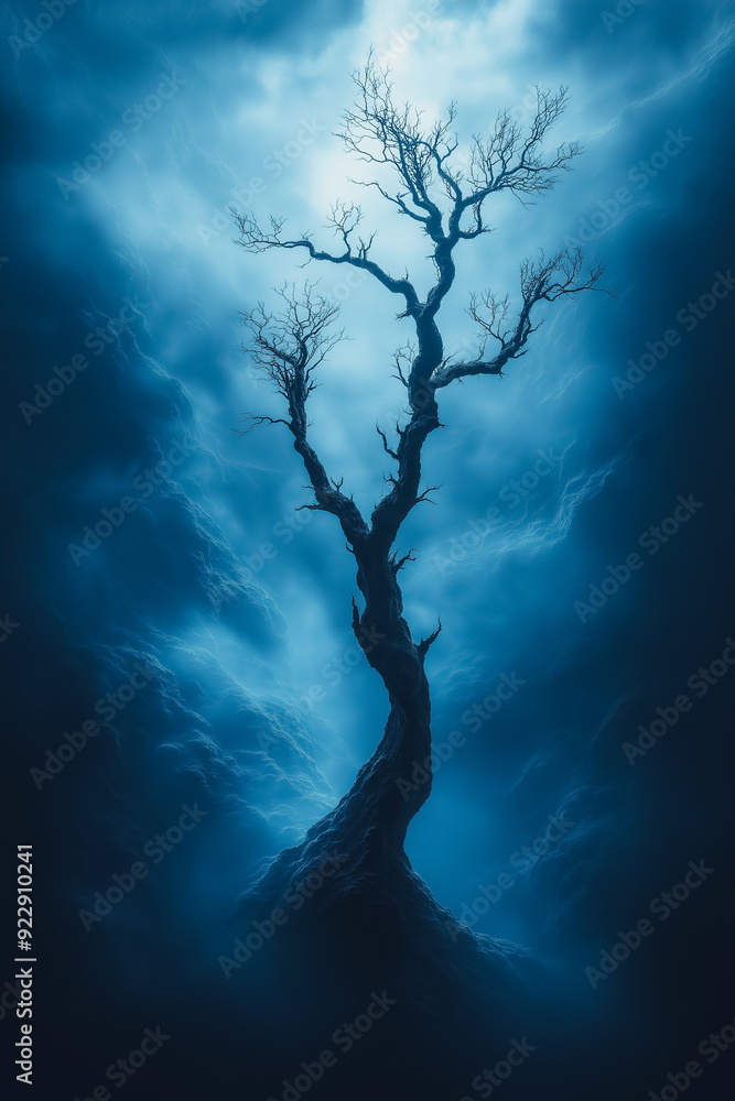 Poster silhouette of a dead tree in a misty forest, fog rolling through the barren branches, soft and eerie