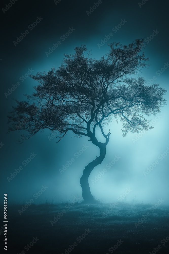 Poster silhouette of a dead tree in a misty forest, fog rolling through the barren branches, soft and eerie
