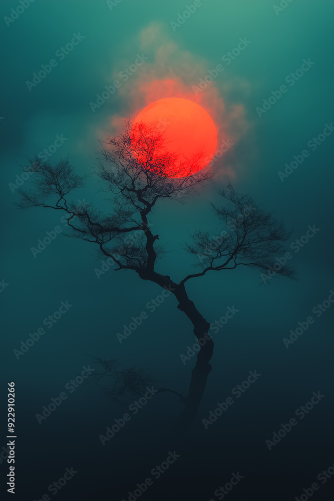 Poster silhouette of a dead tree in a misty forest, fog rolling through the barren branches, soft and eerie