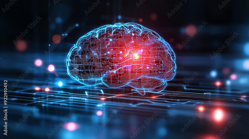 Poster a futuristic digital representation of a brain, showcasing neural connections and technology in a vi