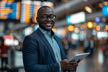 Fototapeta premium Smiling Businessman in Airport Terminal Melding Business and Travel, Staying Connected with Digital Tablet.