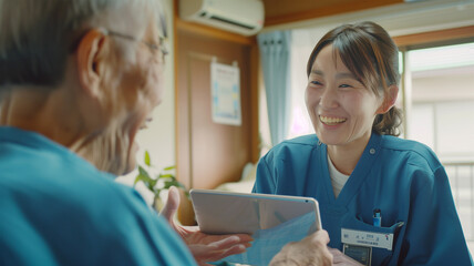 Obraz premium タブレットを使ってケアプランを説明する介護士