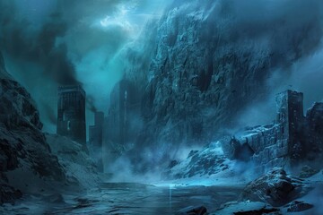Frozen Ruins in a Misty, Blue-Tinted Landscape