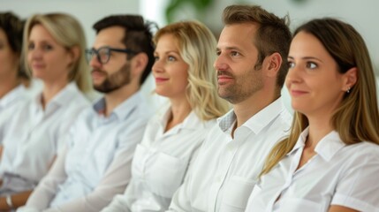 A diverse group of professionals attending a preventive dentistry awareness session in a modern well designed office setting  The audience is focused and engaged