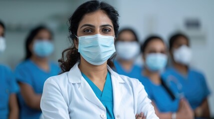 A diverse group of healthcare professionals including doctors and nurses are conducting a preventive dentistry awareness session for an audience wearing protective face masks