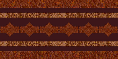 Brown and orange tribal geometric pattern with intricate ethnic designs, perfect for textile and decor.
