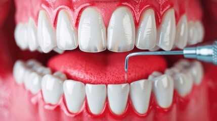 Obraz premium Detailed view of dental root canal treatment procedure with various medical instruments and equipment such as drill mirror probe light and microscope in high definition Concept of oral health