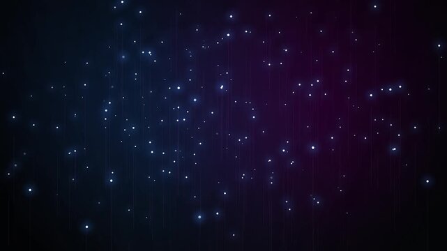 Dark tech dynamic cool background. Seamless looping wallpaper of rising lines and particles against blue and purple light.