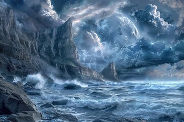 Stormy Seascapes with a Giant Moon