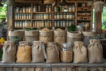 Fototapeta premium Burlap Bags and Jars with Bulk Grains in Store