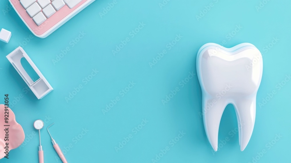 Poster image of an emergency dental services setup with various dental tools equipment and a blurred backgr