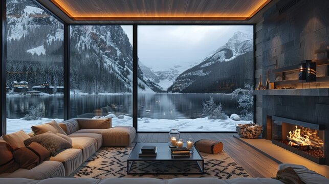 Modern Living Room with Panoramic Winter Mountain View