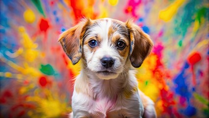 Adorable puppy covered in colorful paint, looking cute and playful, cute, puppy, paint, colorful, adorable, expression, playful, pet