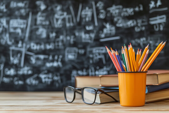 Pencil holder with colored pencils and glasses on a desk. Blurred chalkboard with mathematical formulas in the background.