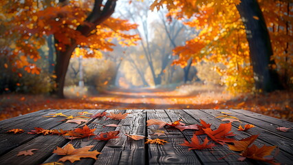 wooden table with fallen autumn leaves, surrounded by trees with red and orange leaves