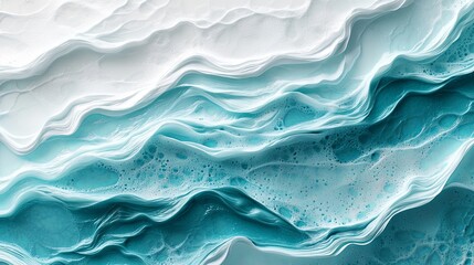 Conceptualize a dramatic masterpiece of wavy resin sheets in turquoise and white, with a marbleized look in macro zoom. This large-scale canvas captures the spirit of an abstract ocean shoreline,
