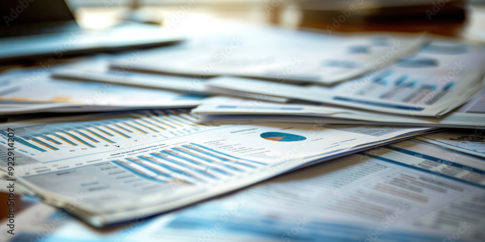 Poster Business Documents and Graphs Scattered on Table in Office Workspace. Corporate Data Analysis and Financial Reports Organization