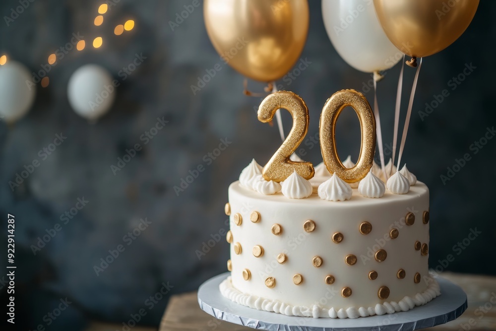 Wall mural celebratory 20th birthday cake adorned with golden decorations and balloons in a festive atmosphere.