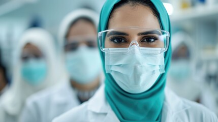 Group of focused Arab medical research scientists wearing protective gear and working together to conduct a dental experiment in a sterile and well equipped laboratory setting