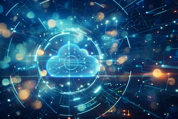 Futuristic cloud icon with glowing blue lights on a dark digital background, representing cloud computing, big data, and AI in 3D rendering.