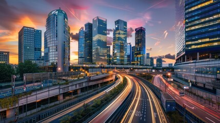 Fototapeta premium Cityscape with Skyscrapers and Traffic at Sunset