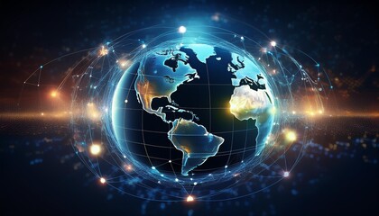 Fototapeta premium Illustration of a blue hologram globe with the world map, planet Earth sphere networking, global communication networks, Generative AI