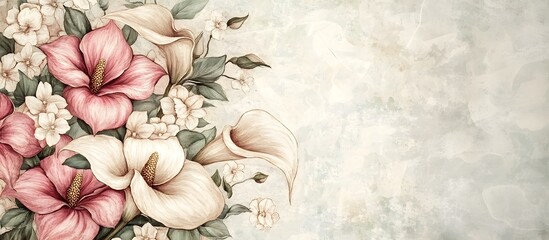 Watercolor floral bouquet with white calla lilies and pink flowers on a textured background. Template for quotes, and greetings cards.