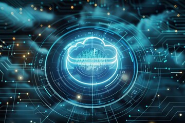 Obraz premium Futuristic cloud icon with glowing blue lights on a dark digital background, representing cloud computing, big data, and AI in 3D rendering.