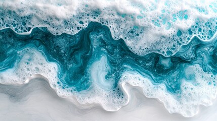 Obraz premium Craft a beautiful artwork featuring wavy resin sheets in turquoise and white, with a marbleized appearance in macro zoom. The large-scale canvas reflects an abstract ocean shoreline, with attention