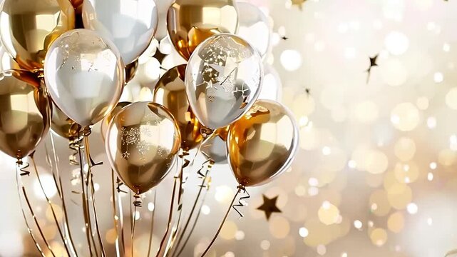 Sophisticated birthday banner in glossy 3D, featuring golden balloons and stars, text area